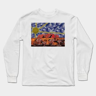 Aboriginal Art - Uluru Ayers Rock Blue Sky Long Sleeve T-Shirt